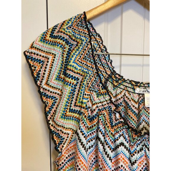 Christine Multicolor Zigzag Print Ruffle Cap Sleeve Dress L - Picture 5 of 5